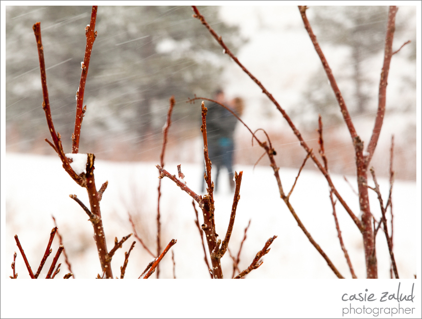 intimate moment of a Boulder engaged couple kissing in a snowstorm