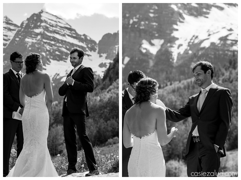close ups of bride and groom during their wedding ceremony at the Maroon Bells