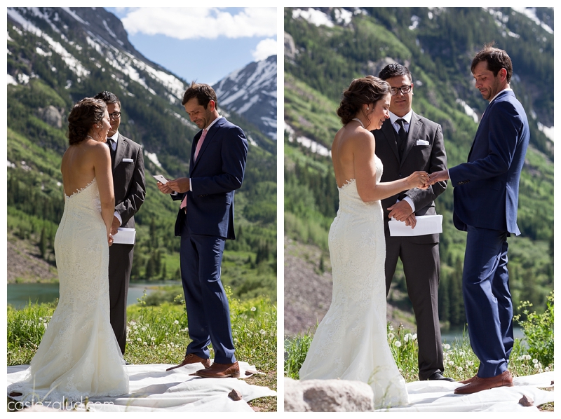 summer wedding ceremony at the Maroon Bells, close-up shots of the bride and groom