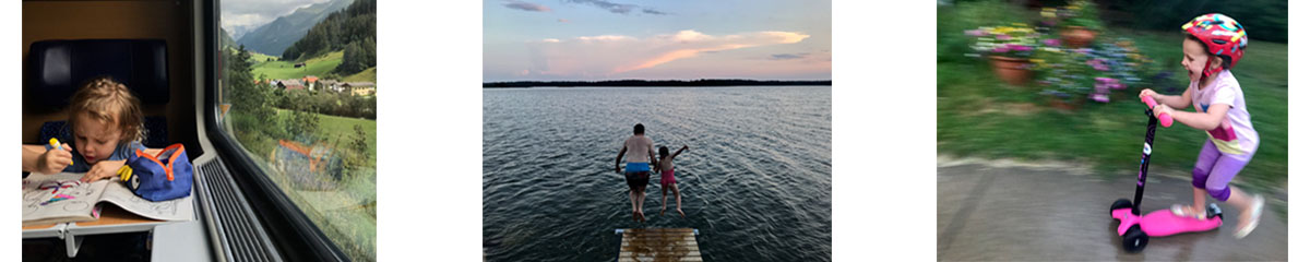 multiple images: girl coloring on train, girl and dad jumping into sea from dock